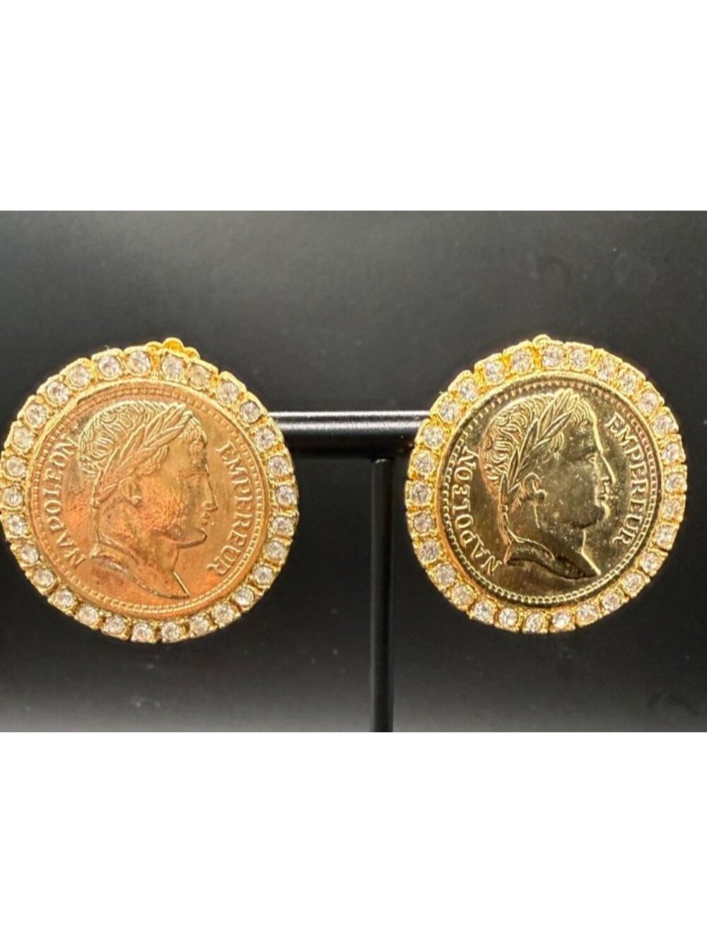 Vintage Napoleon Coin Clip On Earrings Gold Tone Rhinestone Halo Statement Jewel